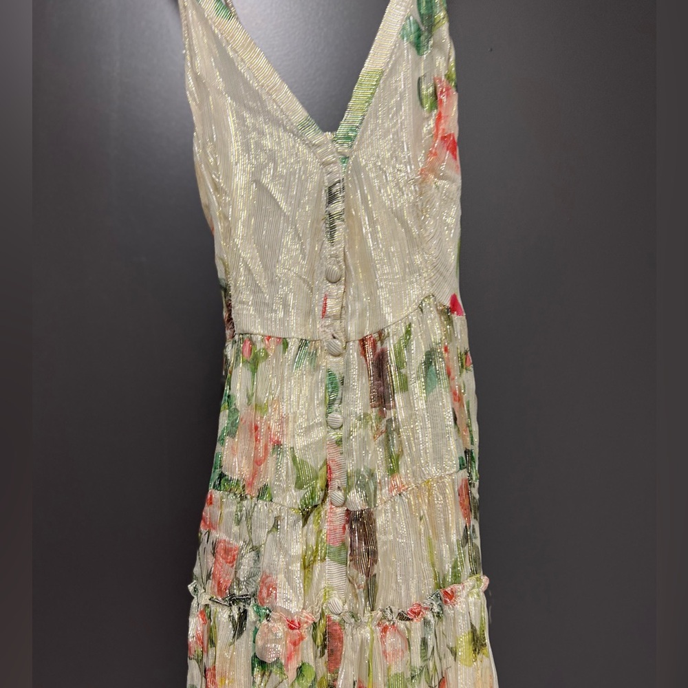 Rococo sand floral dress with gold threading throughout. - Picture 3 of 6